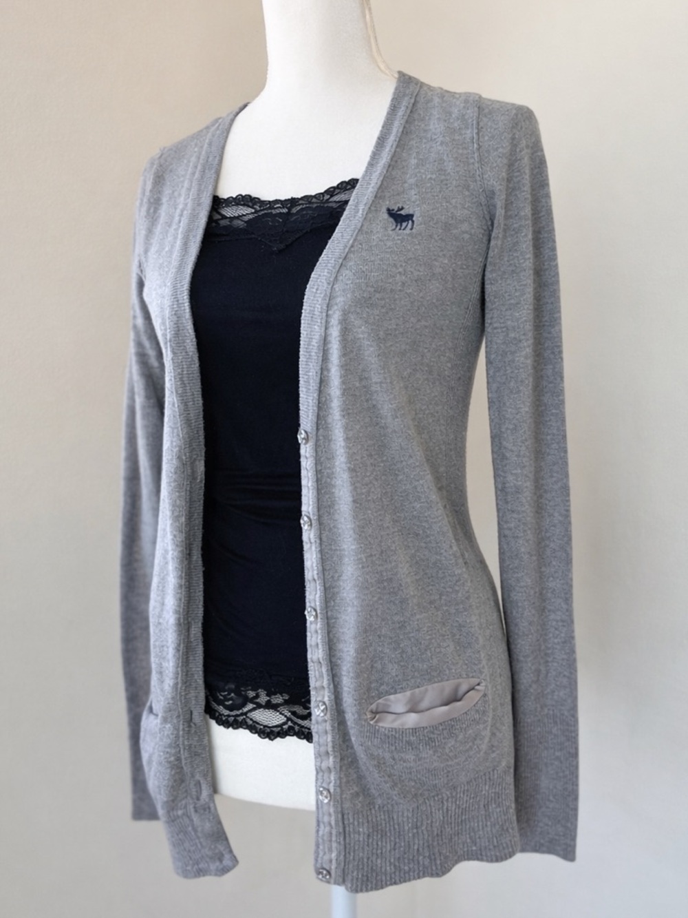 Abercrombie & Fitch Light Gray Long Knit Cardigan Rhinestone Buttons Medium Y2K
